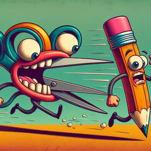 Quirky Cartoon Scene with Scissors Chasing Pencil