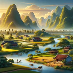 Southern Vietnamese Landscape: Golden Light, Green Fields & Mountains
