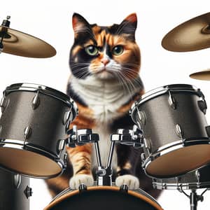 Calico Cat Drummer Playing Percussion Set