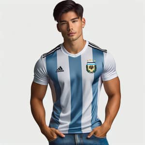 Stylish Asian Man in Argentine Soccer Shirt | Athletic Background