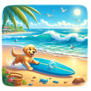 Dobi Golden Retriever Chasing Blue Surfboard at Tropical Beach