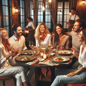 Joyful Dinner Gathering with Friends at Cozy Restaurant