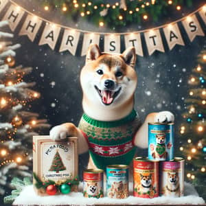 Festive Christmas-Themed Pet Food with Adorable Shiba Inu Dog
