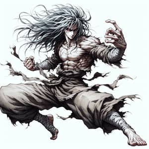 Muscular Anime-Style Character in Dynamic Fighting Pose