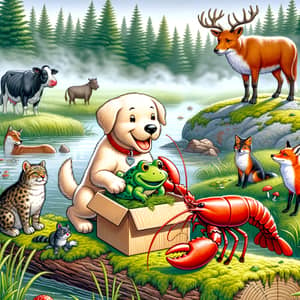 Misty Marshland: Dog, Frog, Fox, Lobster, and Ox - Creative Wildlife Scene