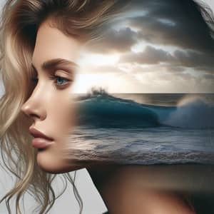 Blonde Lady Double Exposure Ocean Waves Image