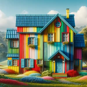 Vibrant Multicolored House: Whimsical Landscape Featuring Quaint Home