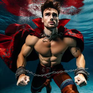 Muscular Prince in Red Cape Submerged Underwater Struggling for Breath