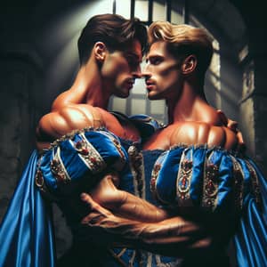 Passionate Embrace of Muscular Princes in Blue Capes