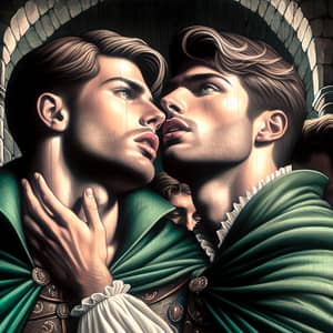 Passionate Embrace of Two White Princes in Green Capes