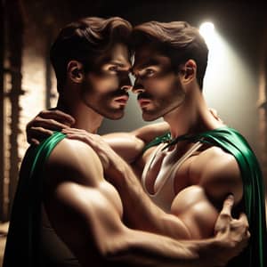 Romantic Fantasy Embrace: Muscular White Princes in Green Capes