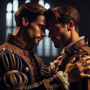 Muscular Caucasian Kings Friendship Embrace | Castle Setting