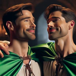 Muscular White Princes Embrace in Emerald Green Capes