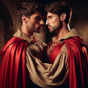 Muscular Caucasian Princes in Red Capes Embracing in Renaissance Dungeon