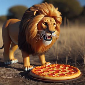 Curious Lion Interacting with Pizza in Natural Habitat