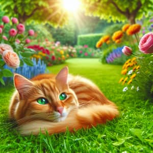 Lush Green Garden with Cat - Serene Home for Adorable Ginger Cat