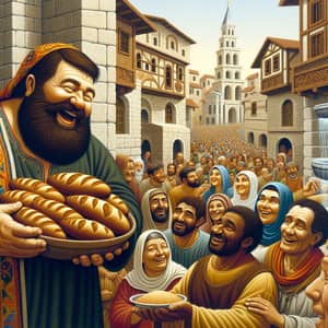 Generous Bearded Man Sharing Bread in Medieval City