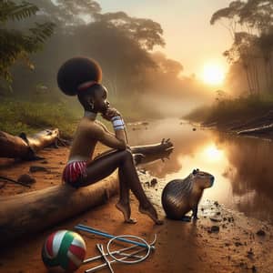 Black Girl Rhythmic Gymnastics by River in Forest with Capybara at Sunrise
