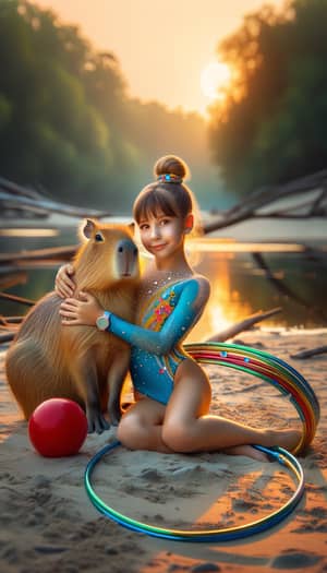 Professional Rhythmic Gymnast Girl with Capybara at Sunrise