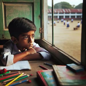 Dreamy South Asian Boy Looking Out Window at School
