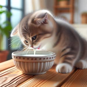 Mischievous Cat Drinking from Bowl of Milk