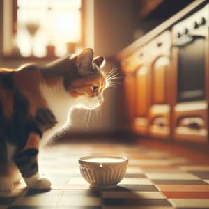 Calico Cat Enjoying Milk in Cozy Kitchen