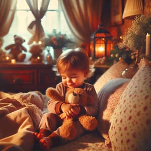 Heartwarming Family Bedroom Scene with Toddler and Stuffed Animal
