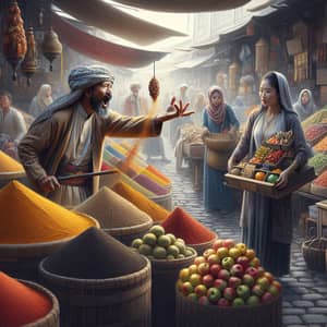 Traditional Marketplace Scene - Spices, Fruits, Craft Stalls