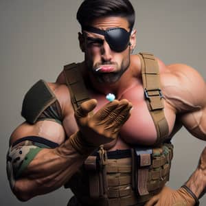 Muscular Man in Combat Outfit with Eye-Patch in Humorous Pose