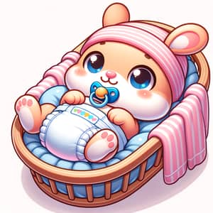 Adorable Newborn Baby Rabbit in Diapers and Cradle