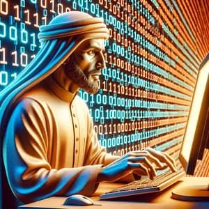3D Model of Middle-Eastern Man Using Computer with Binary Code Background