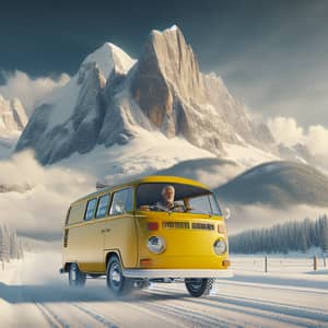 Yellow Camper Van Winter Adventure | Snowy Landscape Views