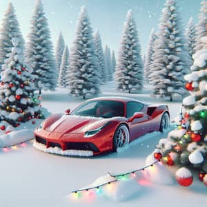 Festive Red Sports Car in Snowy Winter Scene