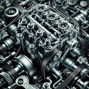 Intricate Car Engine: Metallic and Rubber Components Sparkling and Clean