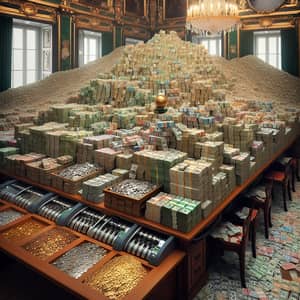 Global Currency Room Filled with Money Stacks & Coins