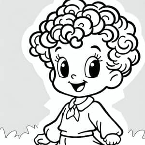 Cartoon Style Coloring Page of a Happy Girl with Short Curly Hair
