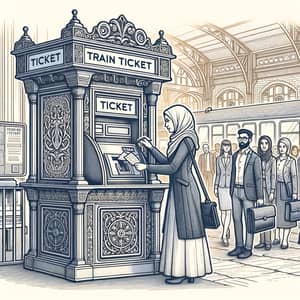 Train Ticket Booking Line Art - Vintage Scene Illustration