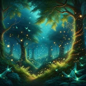 Enchanting Nocturnal woodland kingdom with glowing fireflies