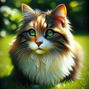 Colorful Furry Cat Sitting on Green Lawn