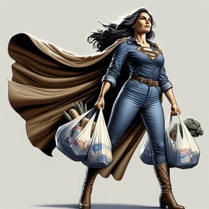 Realistic Hispanic Woman Heroically Carrying Grocery Bags