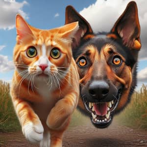 Thrilling Chase: Cat vs Dog in Open Field