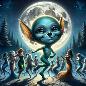 Moonlit Scene: Forest Dance with Goblins, Mermaids, and Wolves