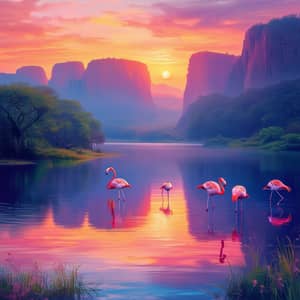 Mystical Lake at Sunset with Flamingos and Dramatic Escarpment