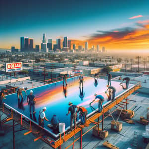Urban Scene: Team Assembling Billboard on 99 Cent Store Roof