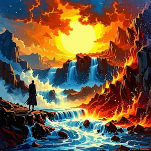 Mystical Landscape: Flowing Stream Above Raging Fire