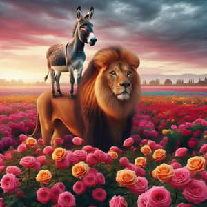 Vibrant Roses Field with Lion and Donkey Scene