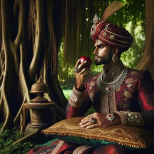 Majestic Maharaja Enjoying Red Apple in Lush Green Forest