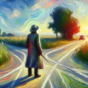 Impressionist Crossroads Painting with Contemplative Pose