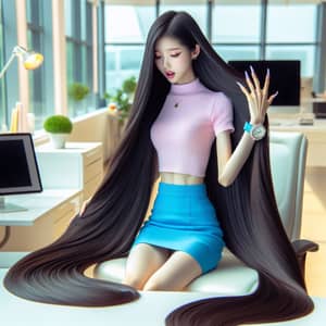 Stunning Asian Teenager with Silky Long Hair in Sunlit Office