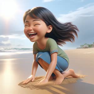Young South Asian Girl Expressing Joy on Sandy Beach